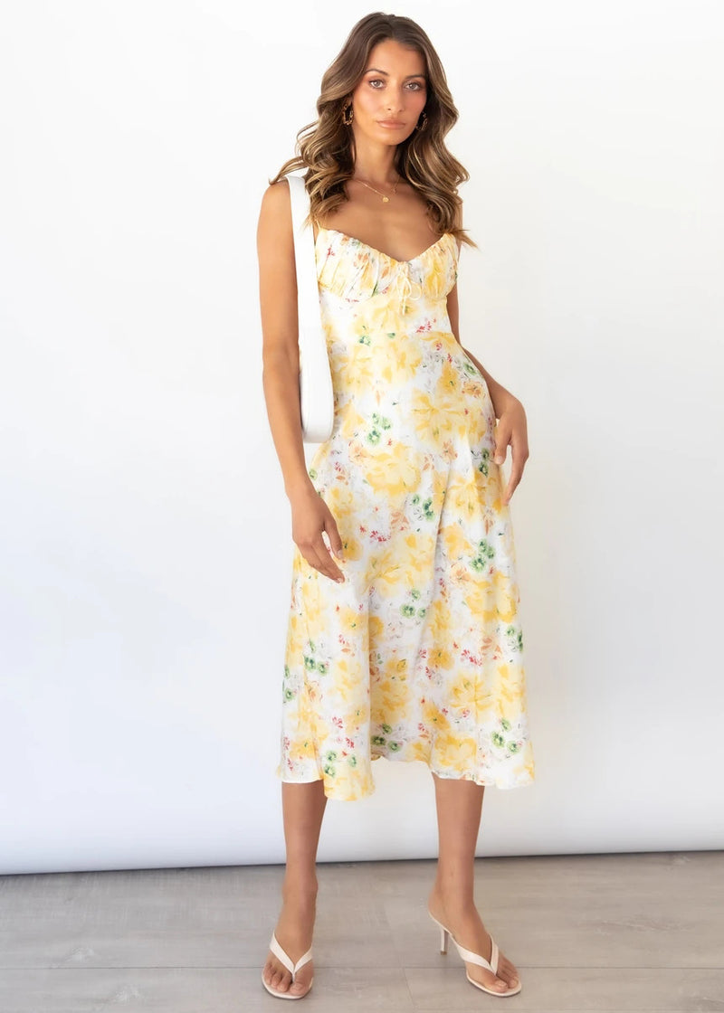 Women Dress Pleated Suspender Floral Dress