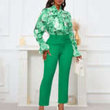 Women Jumpsuit Fashion Printed Lace up Long Sleeve Top
