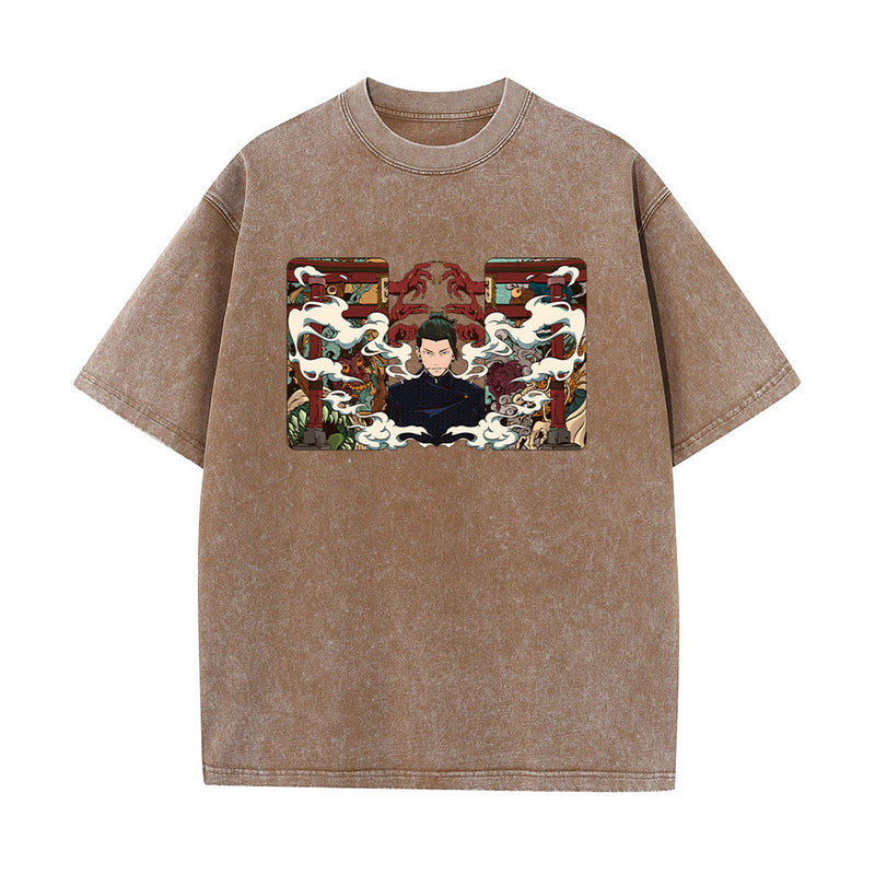 Men Washed Apricot T-Shirt Hip Hop Streetwear Anime Graphic