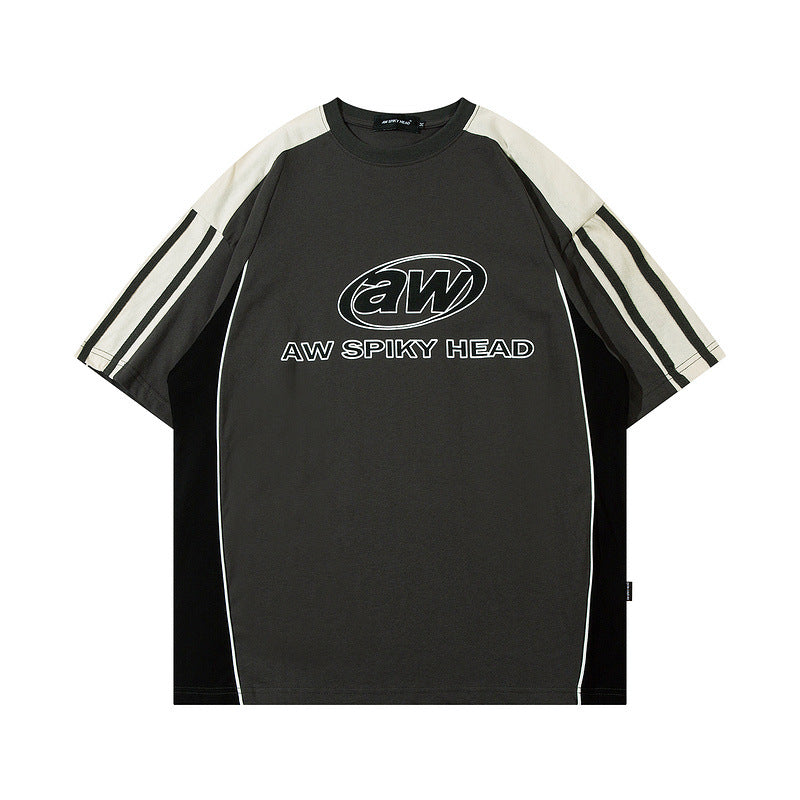 Men T-shirt Retro Alphabet Stitching College T-shirt