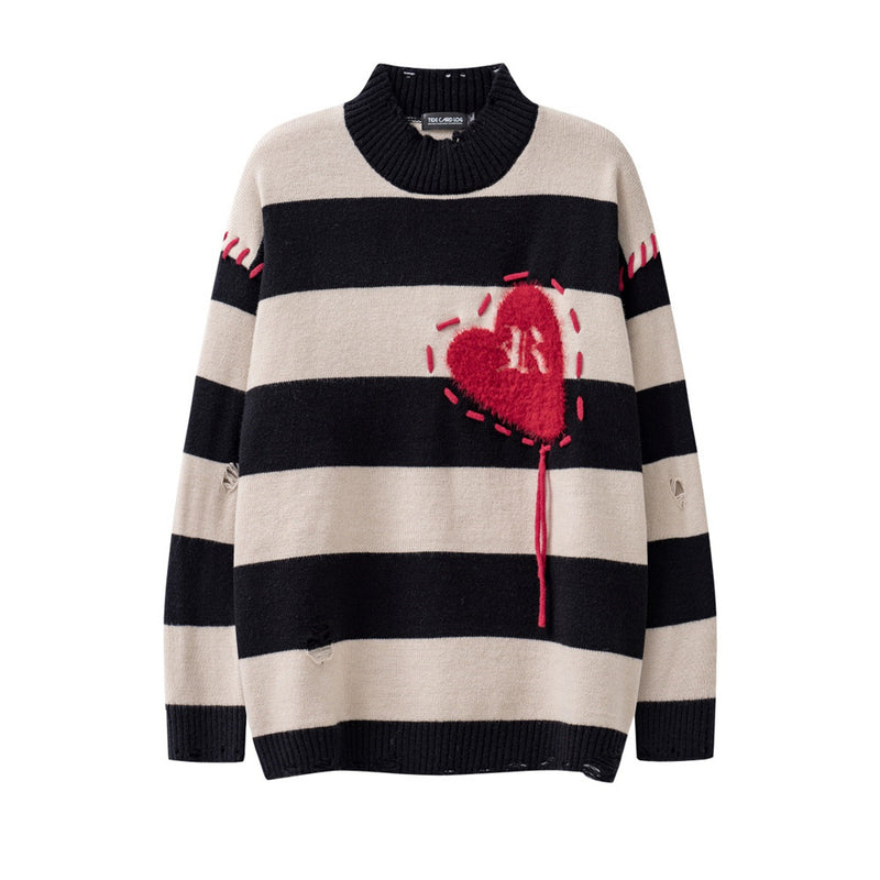 Men Sweater Striped Love Jacquard Half Turtleneck Hole Knitted Sweater