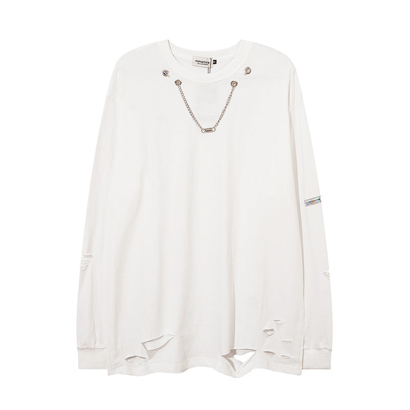 Men Long Sleeve T-Shirt Hole Cut Broken Necklace Solid Color