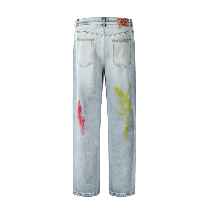Men Jeans Graffiti Loose Hole Leisure