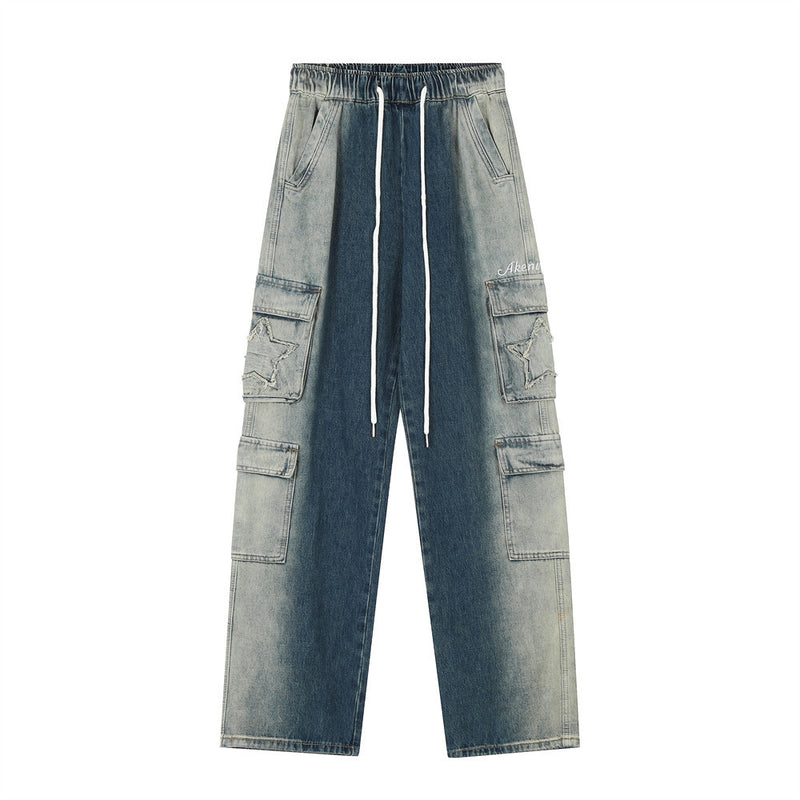 Men Jeans Spray Painting Gradient Color Tooling Multi-Pocket Loose