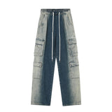 Men Jeans Spray Painting Gradient Color Tooling Multi-Pocket Loose