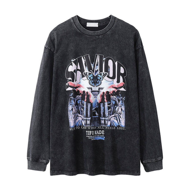 Men Long Sleeve T-Shirt Vintage Rock Butterfly Print Hip Hop Distressed
