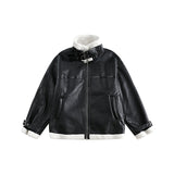 Unisex Coat Lamb Fur Lapel Winter PU Leather