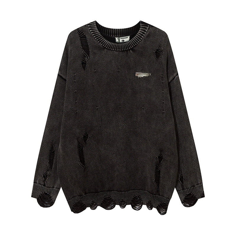 Men Sweater Washed Make Old Ripped round Neck Sweater Niche