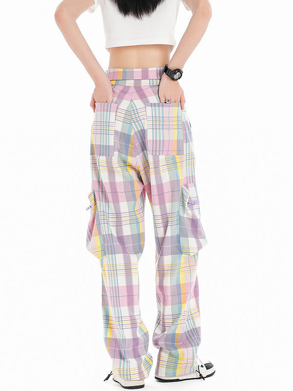 Cargo Pants Plaid Colorblock Overalls