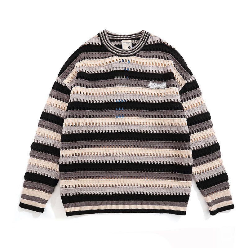 Women Sweater Striped Openwork Knitted Top Vintage