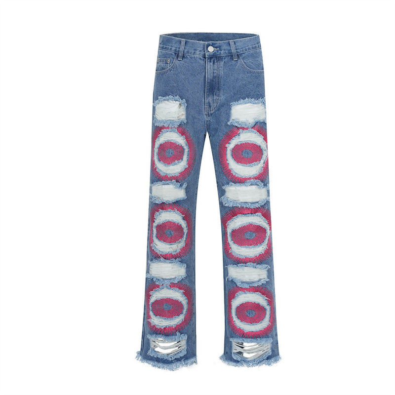 Men Jeans Ripped Embroidered Punk Burrs