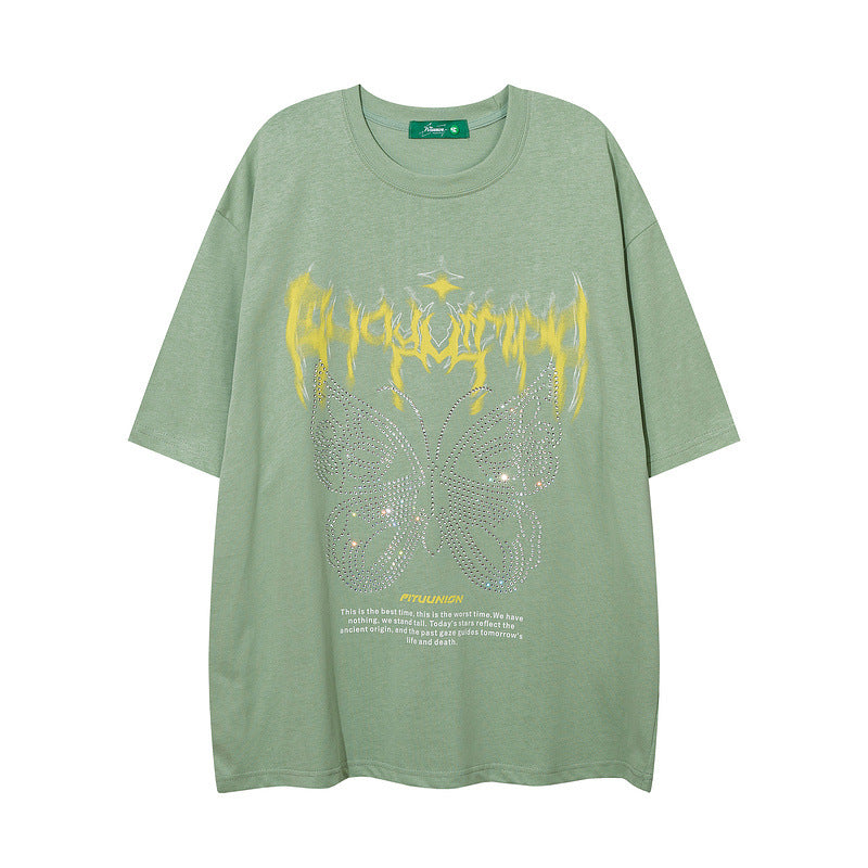 Men T-Shirt Butterfly Embedded Drill Old Oversize