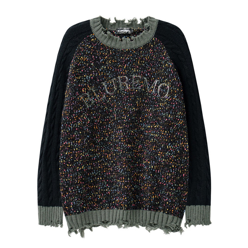 Men Sweater Stitching Crocheted Ripped round Neck Sweater Loose