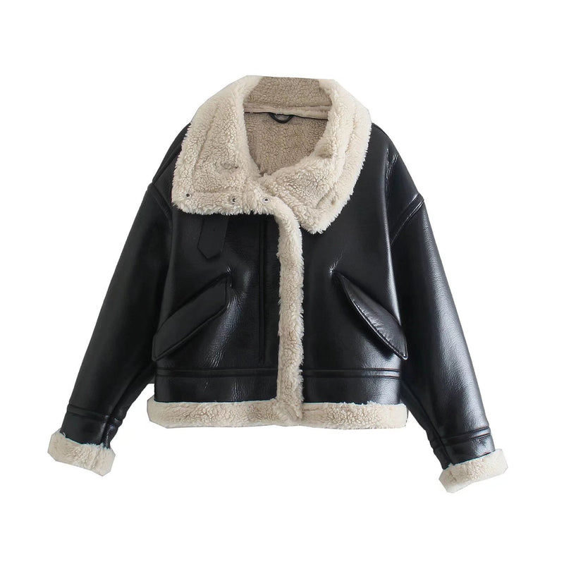 Women Cotton Coat Fleece Imitation Leather Jacket Thick Warm