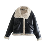 Women Cotton Coat Fleece Imitation Leather Jacket Thick Warm