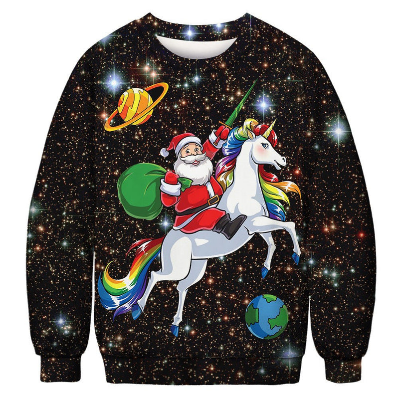 Black Christmas Sweater Unicorn 3D Printed Crew Neck Sweatshirt Casual Loose Autumn and Winter