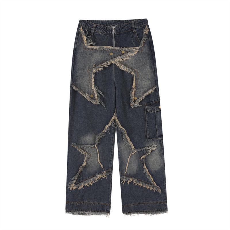 Men Jeans Patch Five-Pointed Star Straight Cat Raw-Cut Edges Loose