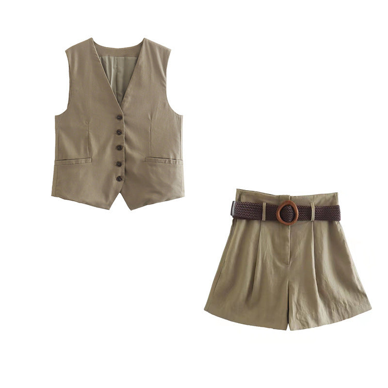 Women Vest Breasted Vest with Waist Shorts Suit