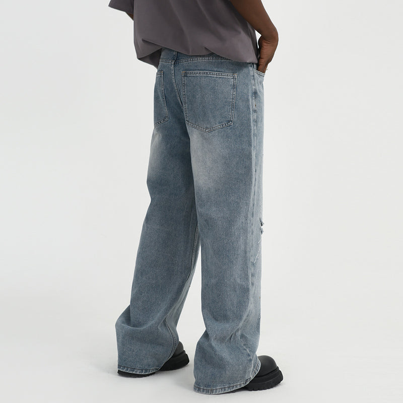 Men Jeans Diamond-Embedded Ripped Special Loose