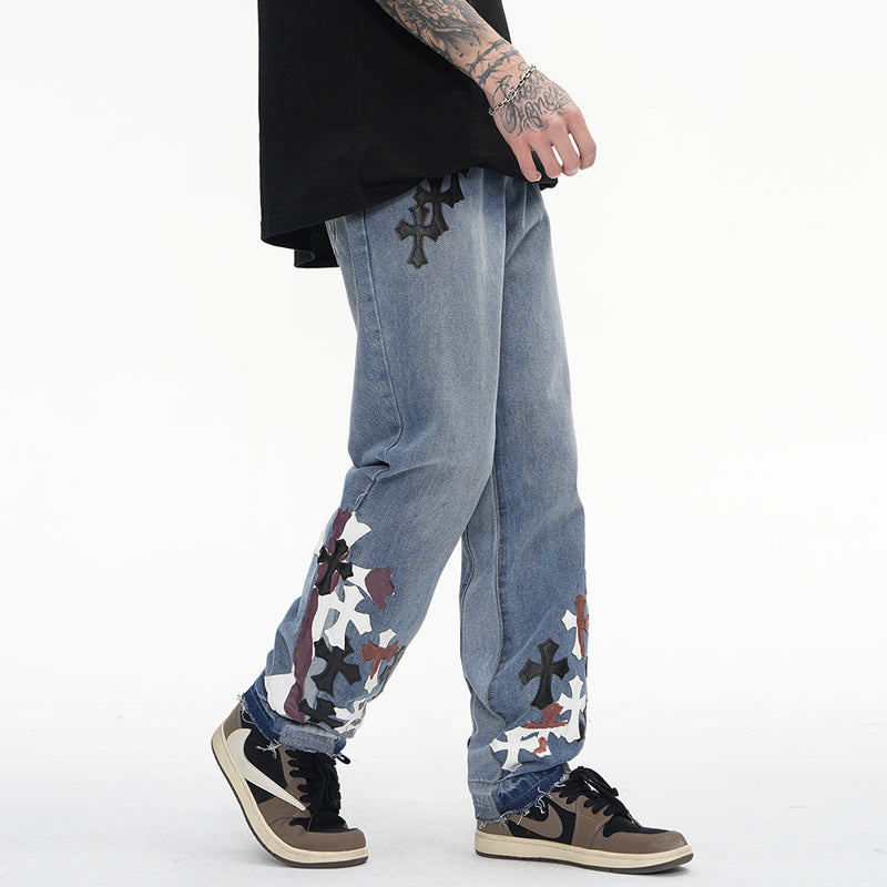 Men Jeans Cross Pattern Stitching