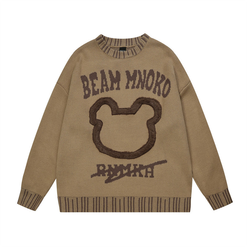 Men Sweater Bear Flocking Embroidery Loose Casual Sweater