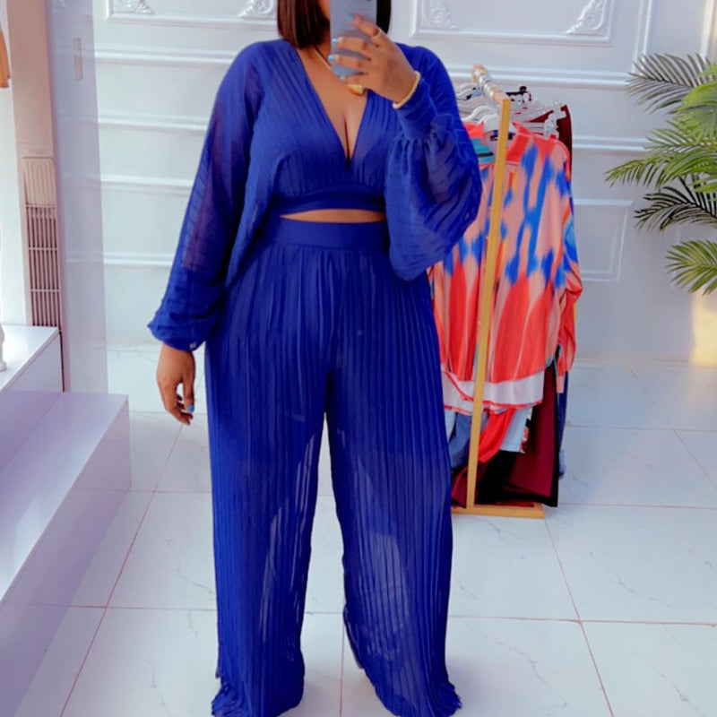 Women Jumpsuit See-through V-neck Wide-Leg Pants