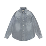 Men Long Sleeve T Shirt Washed and Worn Denim Shirt Jacket Spring and Autumn Men's Embroidery Loose Long Sleeve Shirt