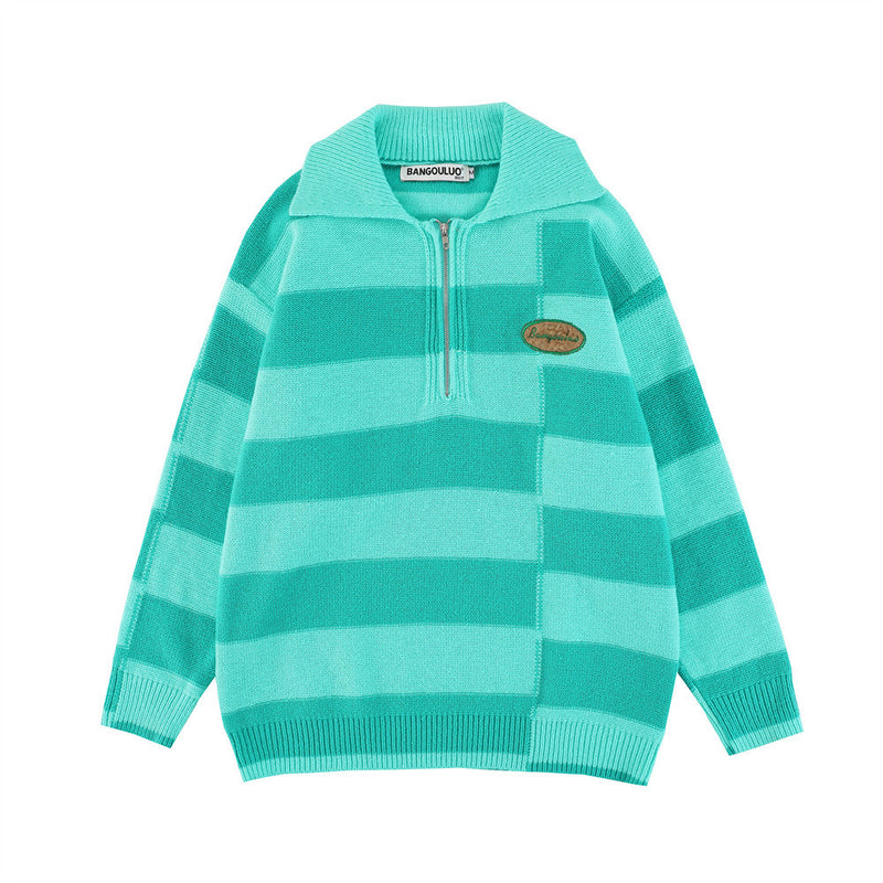 Men Sweater Irregular Striped Lapel Sweater Half Zipper Sweater