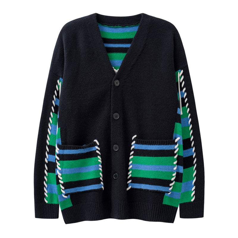 Men Sweater Striped Pocket V-neck Cardigan Sweater Thickening
