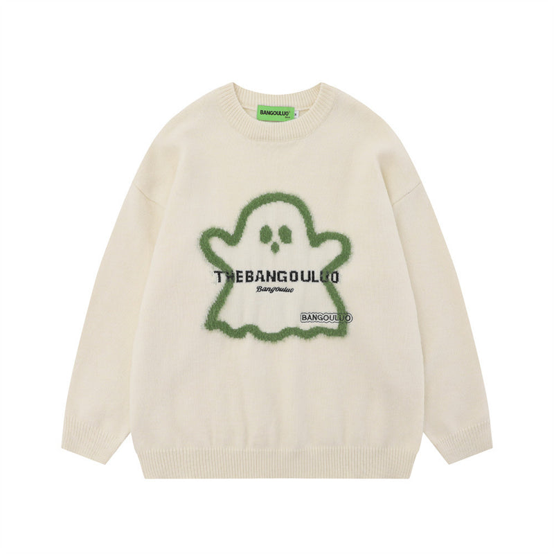 Men Sweater Cartoon Ghost Jacquard Loose-Fitting Sweater