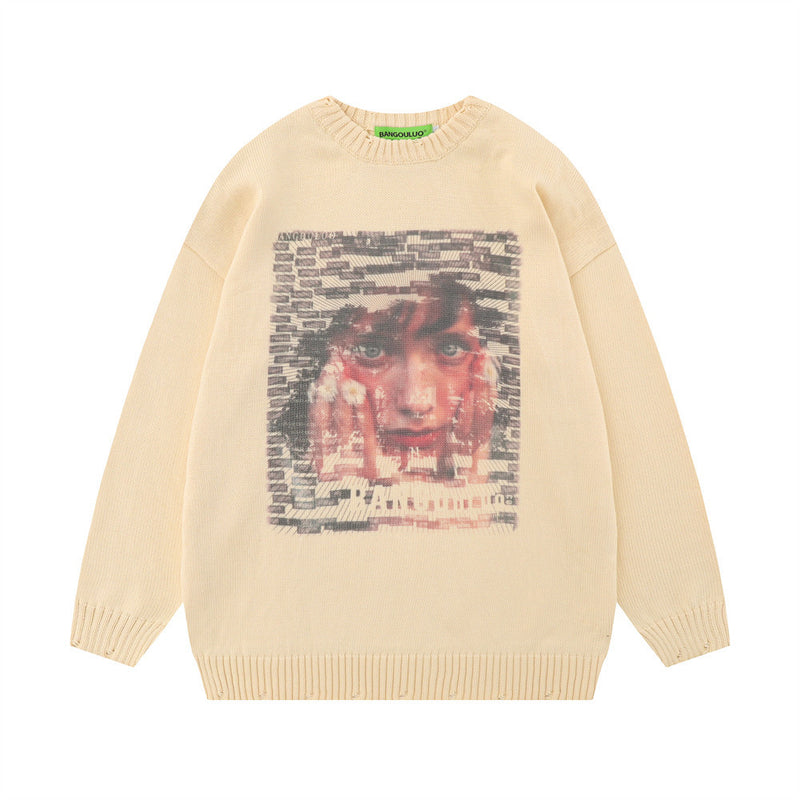 Men Sweater Vintage Portrait Printing Loose round Neck Sweater Men