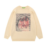 Men Sweater Vintage Portrait Printing Loose round Neck Sweater Men