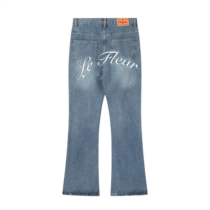 Men Jeans Personalized Flower Embroidery Bell-Bottom Pants