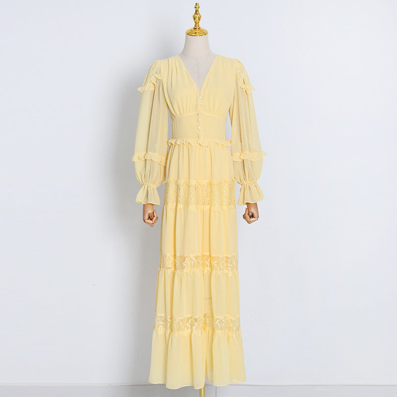 Bohemian Dress Lace Patchwork Ruffled Decorative Maxi Dress