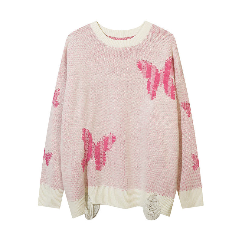 Men Sweater Butterfly Jacquard Ripped Knitwear Niche