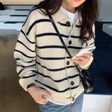 Women Knitted Cardigan Retro Casual Loose Striped Sweater