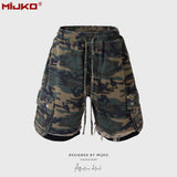 MIJKO Men Shorts Casual Pants Drawstring Splicing Camouflage Shorts