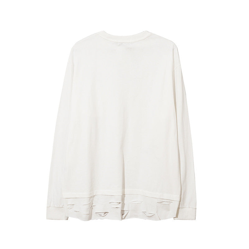 Men Long Sleeve T-Shirt Loose Cut Ripped Chain