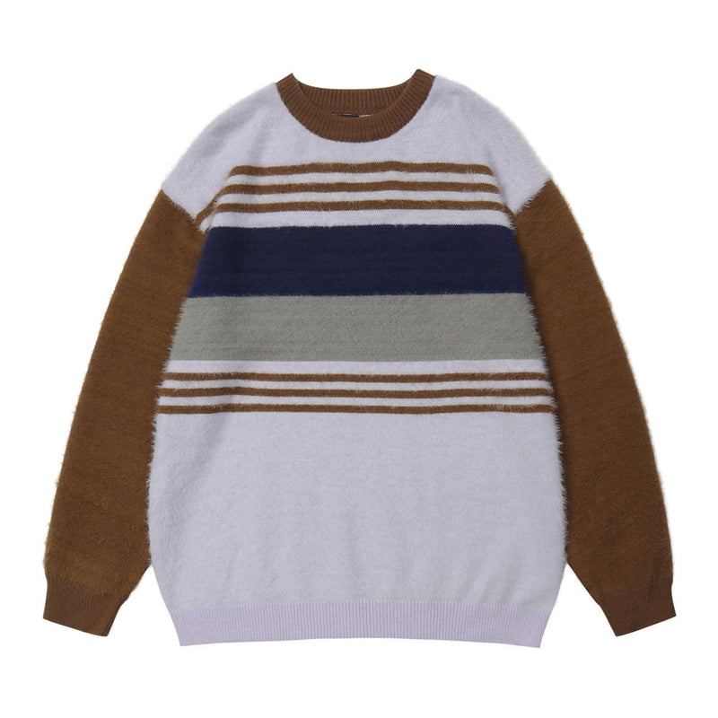 Men Sweater Fleece Base Patchwork Stripes Sweater