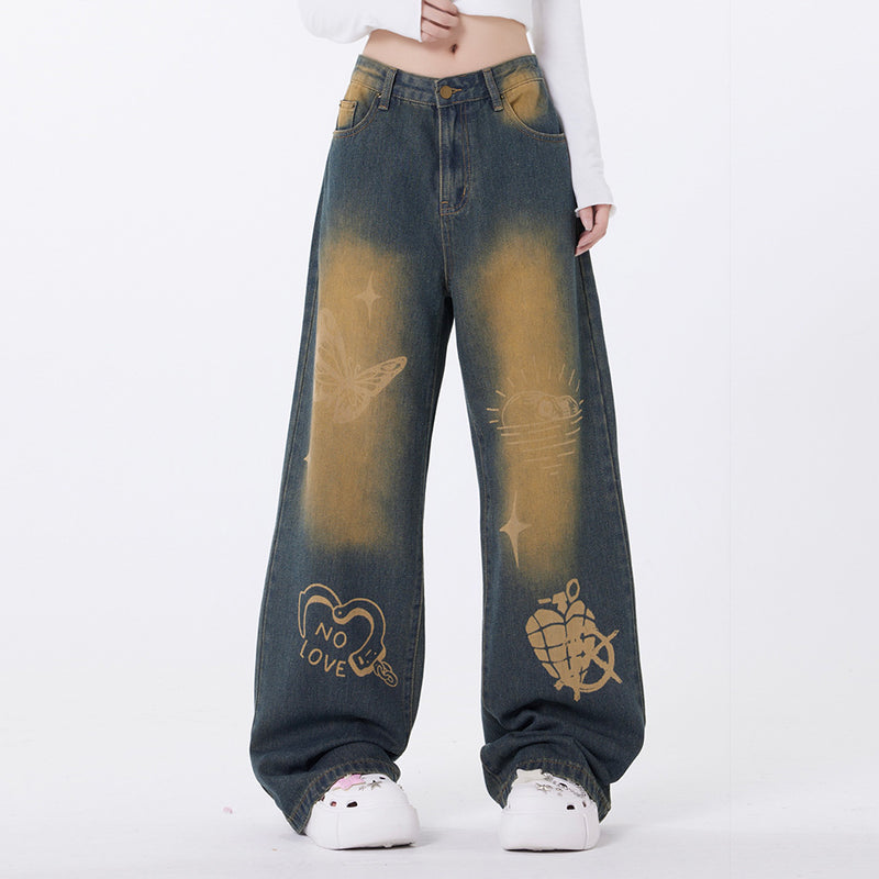 Men Jeans Butterfly Graffiti Spray Painting