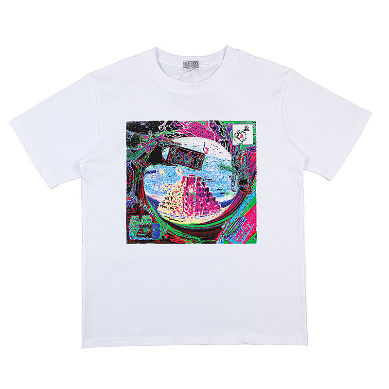 C.e t shirts creative castle pattern round neck pullover short sleeve men and women