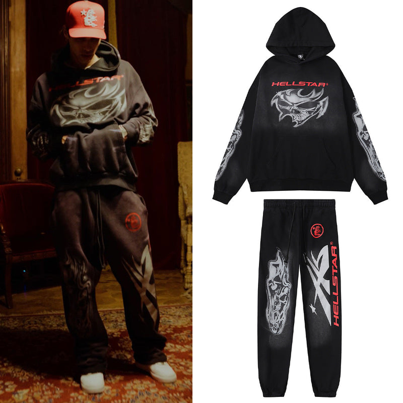 Hellstar Hoodie & Pants autumn and winter flare black flame pants hoodie