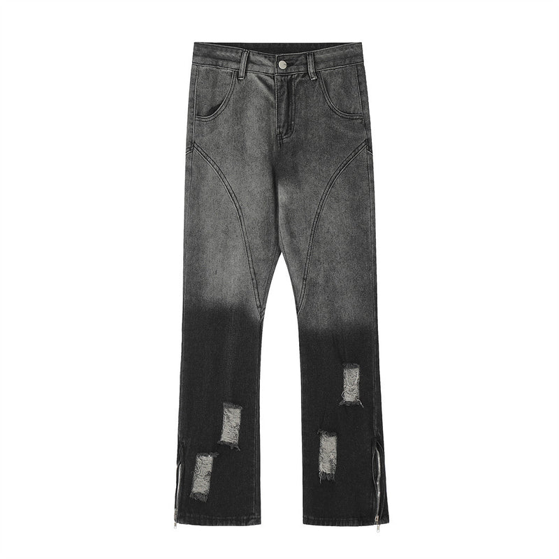 Men Jeans Tie-Dye Gradient Color Ripped Chain Slit