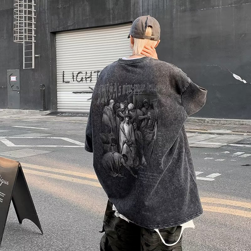 Men T Shirt Loose Casual Retro Distressed