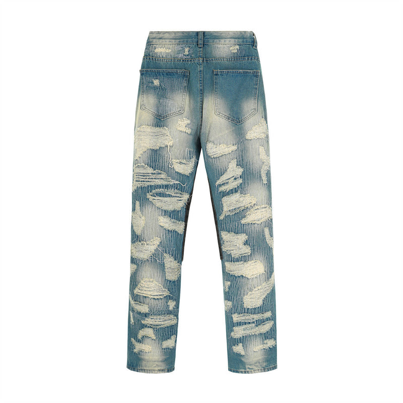 Men Jeans Hole & Patch Punk Stitching
