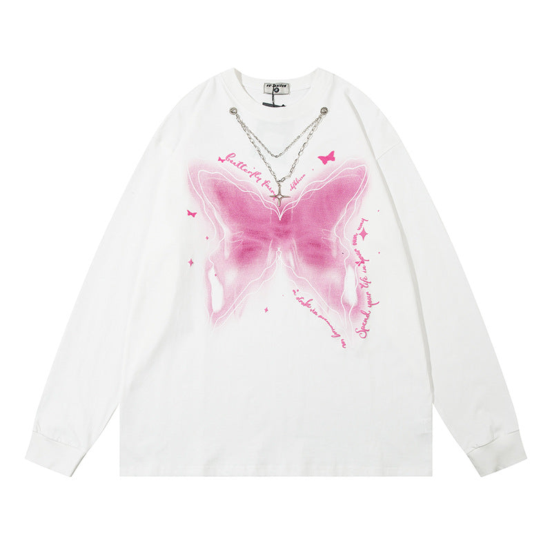 Men Long Sleeve T-Shirt Butterfly Printed Cotton Leisure Chain Decoration