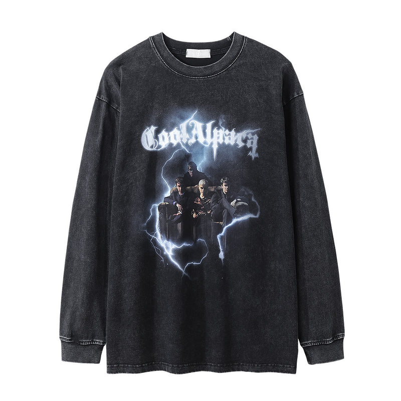 Men Long Sleeve T-Shirt Film Character Print Loose Distressed