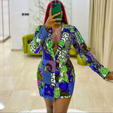 Women Dress Suit Collar Printed Long Sleeve Dress