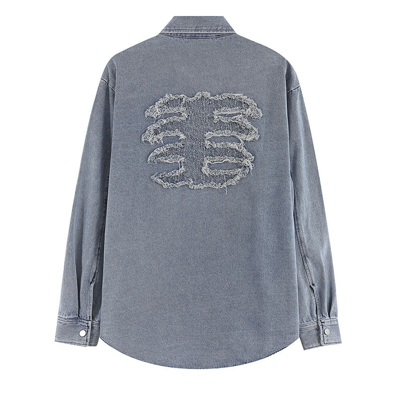 Long Sleeve Shirt Vintage Vintage Bone Affixed Cloth Embroidered