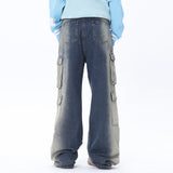 Men Jeans Denim Overalls Loose Multi-Pocket Inkjet Trousers